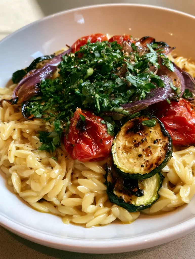 Roasted Vegetable Orzo Salad with Blistered Tomatoes and Charred Zucchini 1 Top-down view of Roasted Vegetable Orzo Salad highlighting the heavy green herb garnish and cracked black pepper specks.