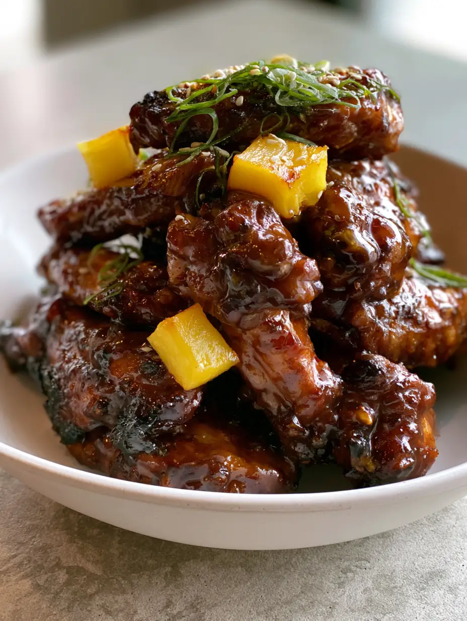 Smartphone photo of crispy Brown Sugar Pineapple Wings in a white bowl showing charred skin and square caramelized pineapple chunks. (Brown Sugar Pineapple Wings)