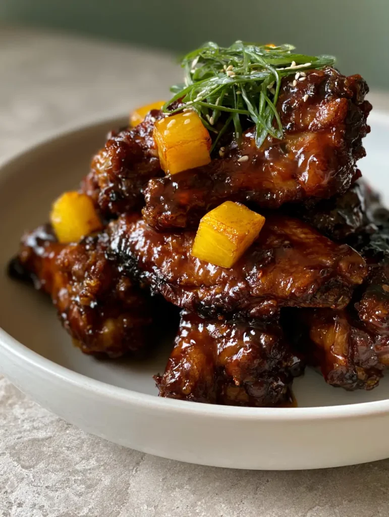 Close up view of the thick, translucent glaze on Brown Sugar Pineapple Wings with green scallion garnishes. (Brown Sugar Pineapple Wings)