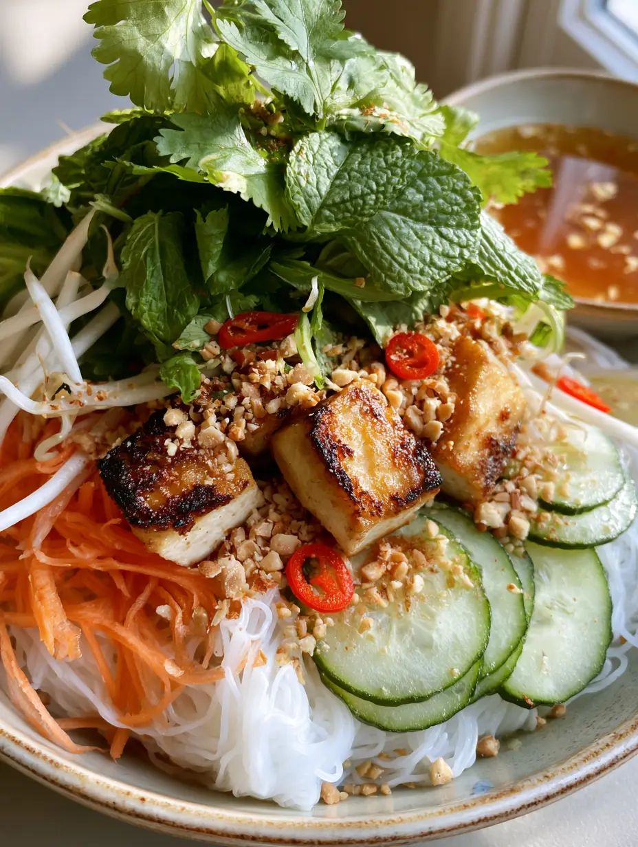 Close up photo of charred golden tofu cubes nestled in a mountain of fresh cilantro and mint in a Vietnamese Noodle Salad.
