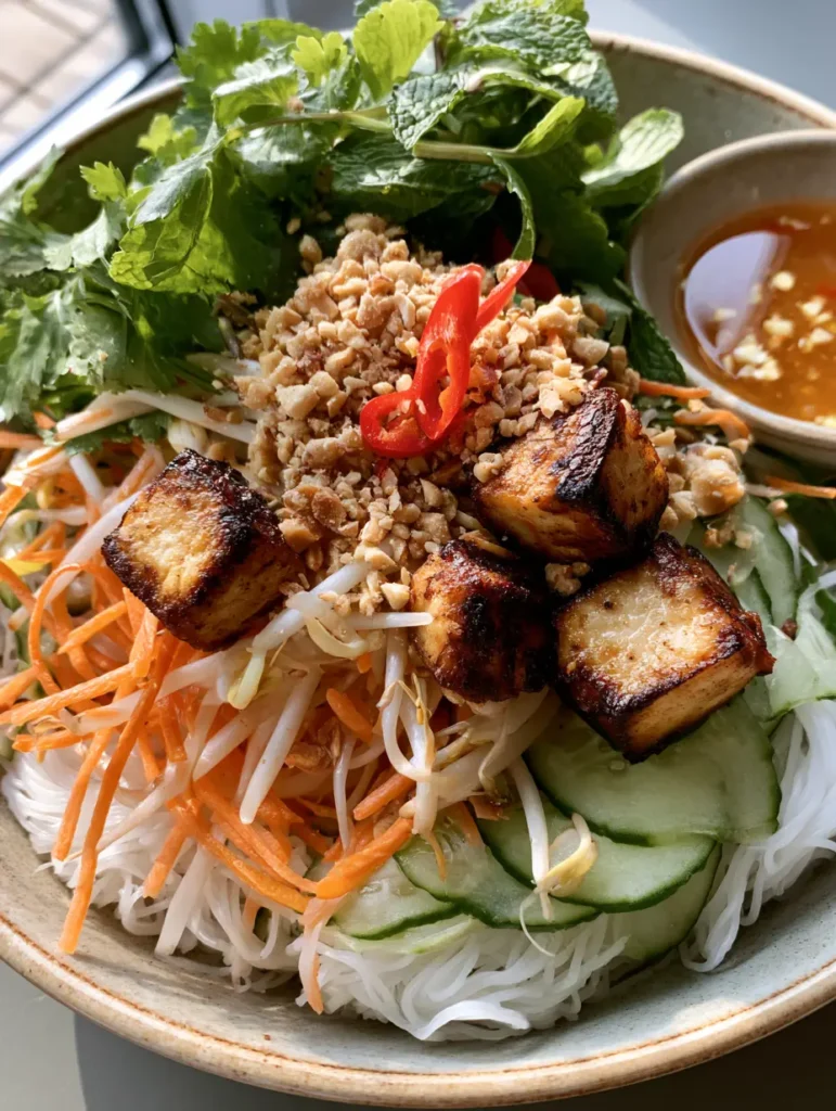 A handheld smartphone photo showing a translucent amber dipping sauce with minced garlic next to a bowl of Vietnamese Noodle Salad.