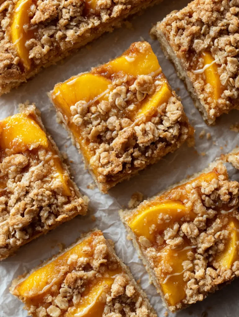 Peach Crumble Bars with Buttery Shortbread and Honey Glaze 1 Close up of the chunky toasted oat crumble and glossy honey glaze on Peach Crumble Bars.