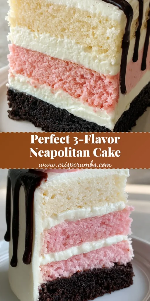 A tall slice of Neapolitan Cake showing chocolate, strawberry, and vanilla layers with white frosting and chocolate drip.