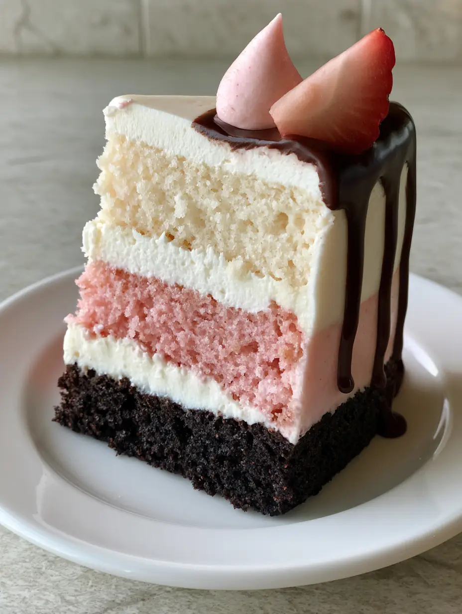 A handheld smartphone photo of a tall three-layer Neapolitan cake slice on a white plate.