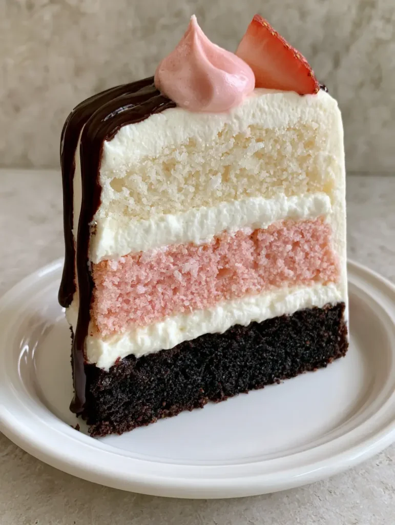 Detailed view of Neapolitan Cake layers including dark chocolate, pink strawberry, and vanilla ivory sponges.