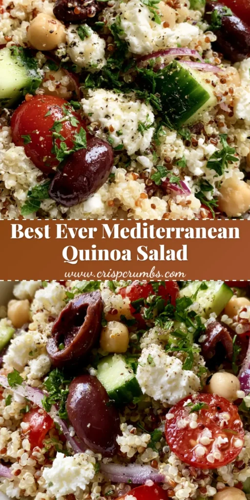 A close-up vertical shot of a vibrant Mediterranean Quinoa Salad in a white bowl, showing glistening chickpeas, tomatoes, and feta on a light wood surface.