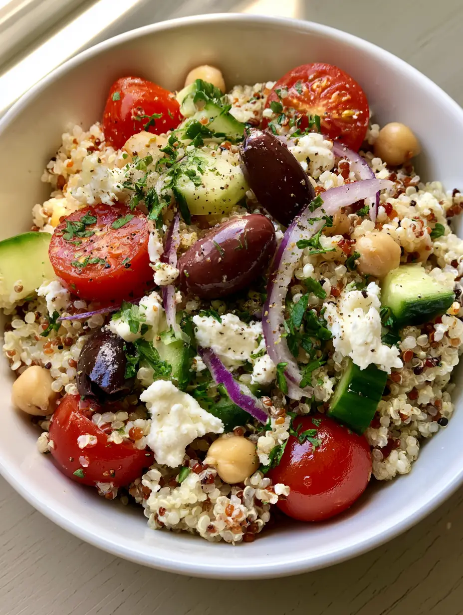 Top-down photo of Mediterranean Quinoa Salad with fluffy white grains, halved cherry tomatoes, sliced red onions, and chunks of feta cheese.