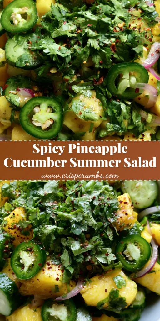 A close-up shot of Spicy Pineapple Cucumber Salad in a white bowl showing golden pineapple chunks, green cucumber half-moons, red onion slivers, and jalapeño rounds with seeds, garnished with cilantro and red chili flakes.