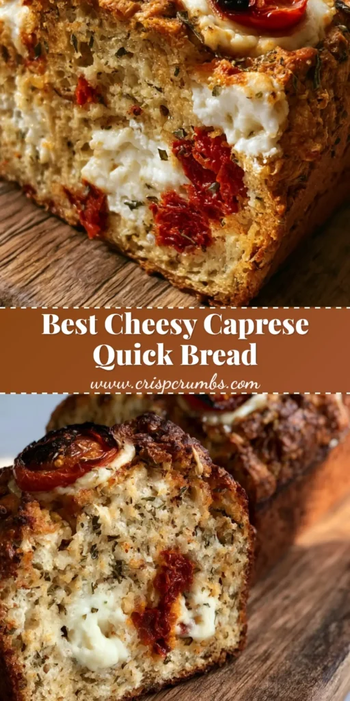A tall, vertical shot of a Caprese Quick Bread loaf showing the blistered cherry tomato topping and golden crust.