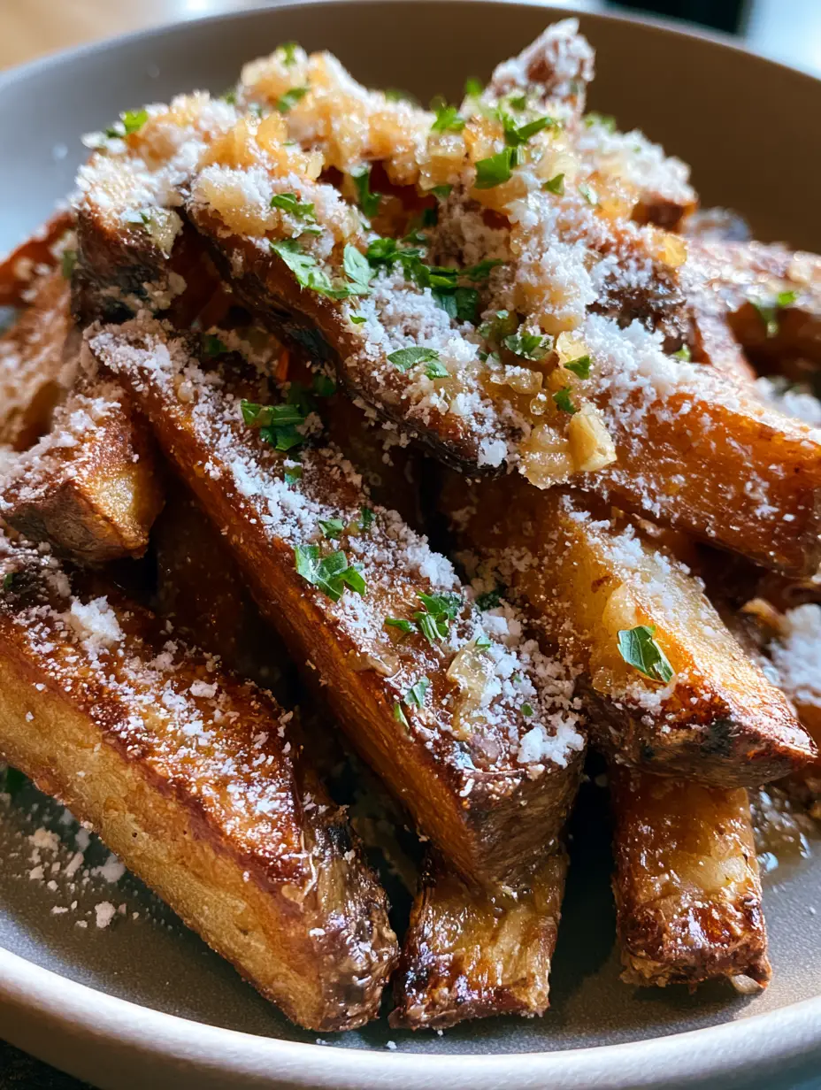 Close-up of Garlic Parmesan Fries showing the blistered surface and translucent golden bits of sautéed garlic.