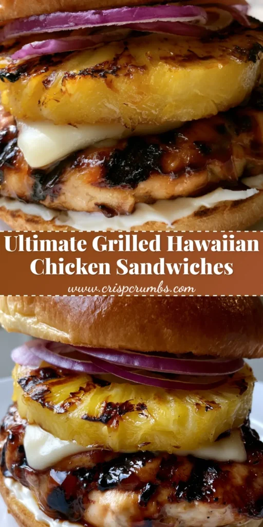 A close-up vertical shot of a Hawaiian chicken sandwich with grilled pineapple and melted cheese, perfect for Pinterest. (Hawaiian Chicken Sandwiches)