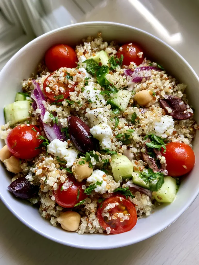 Slightly angled close-up of a white ceramic bowl filled with Mediterranean Quinoa Salad, highlighting the texture of the quinoa and the sheen of the lemon vinaigrette.