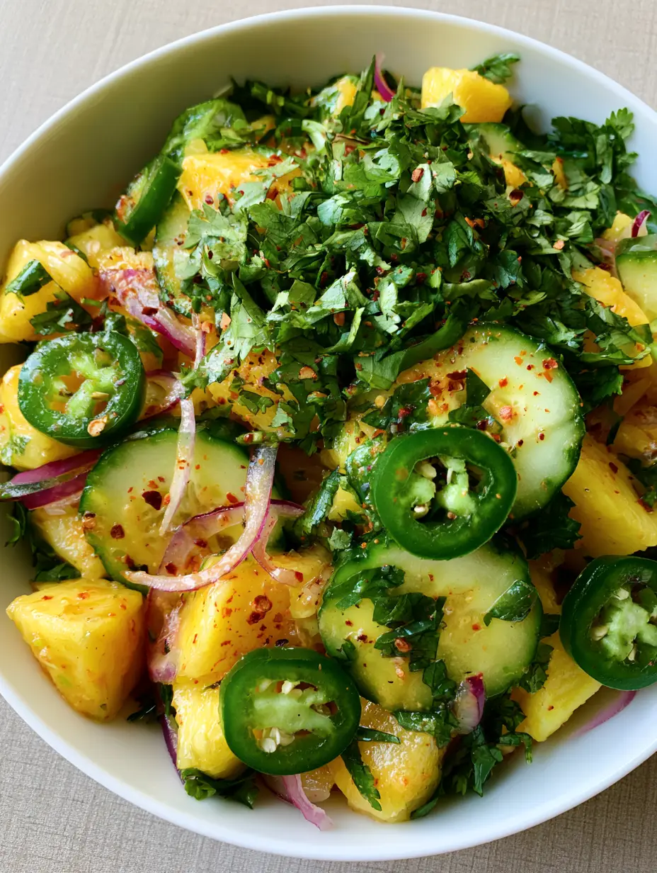 Top-down view of a vibrant Spicy Pineapple Cucumber Salad in a white ceramic bowl on a light wooden surface.