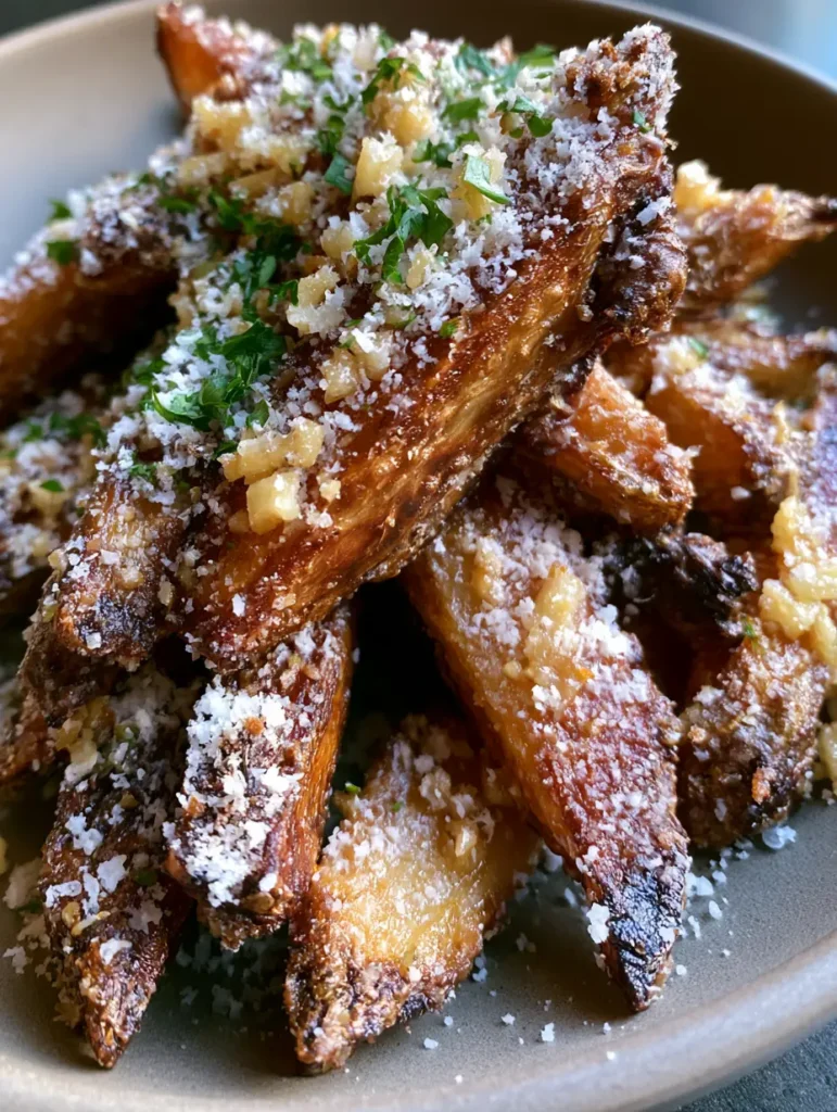 Handheld smartphone photo of a plate of deep golden-brown Garlic Parmesan Fries dusted with parsley flakes.