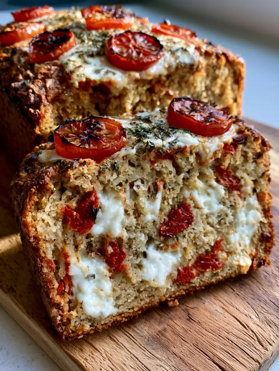 A handheld smartphone photo of a sliced Caprese Quick Bread loaf on a rustic wooden board showing cheese pockets and sun-dried tomatoes.
