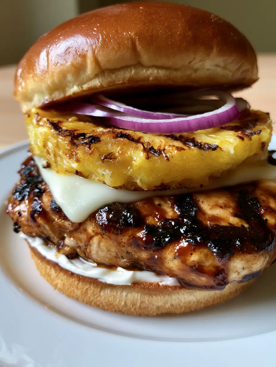 A handheld smartphone photo showing the glossy teriyaki glaze and thick grilled chicken breast of Hawaiian Chicken Sandwiches.