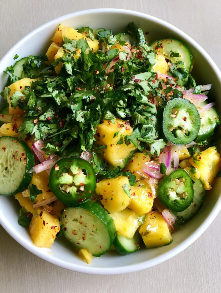 Close-up of glossy pineapple chunks and crisp cucumber half-moons in a Spicy Pineapple Cucumber Salad with lime dressing.