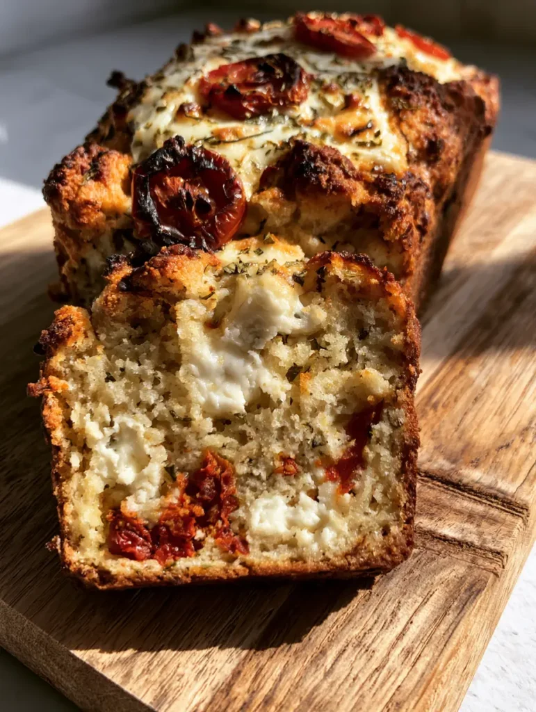 An overhead view of Caprese Quick Bread featuring charred cherry tomatoes and a textured golden-brown crust.