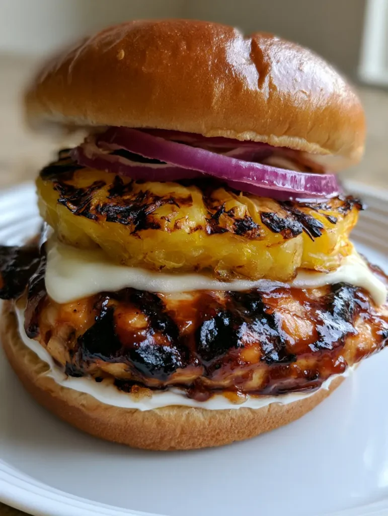 A side view of the Hawaiian chicken sandwich on a white plate, highlighting the charred pineapple and red onion layers.