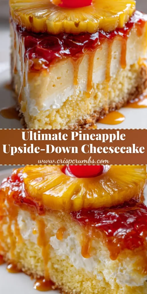 A tall, decadent slice of Pineapple Upside-Down Cheesecake with a caramelized pineapple ring and maraschino cherry on top of thick yellow cake and creamy cheesecake layers.