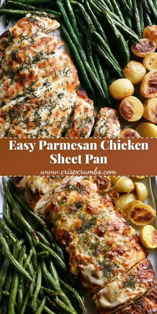 Parmesan Chicken Sheet Pan Dinner with Roasted Green Beans and Crispy Gold Potatoes 4 A rustic Parmesan Chicken Sheet Pan Dinner featuring sliced roasted chicken with melted cheese, green beans, and gold potatoes on parchment paper. (Parmesan Chicken Sheet Pan Dinner)