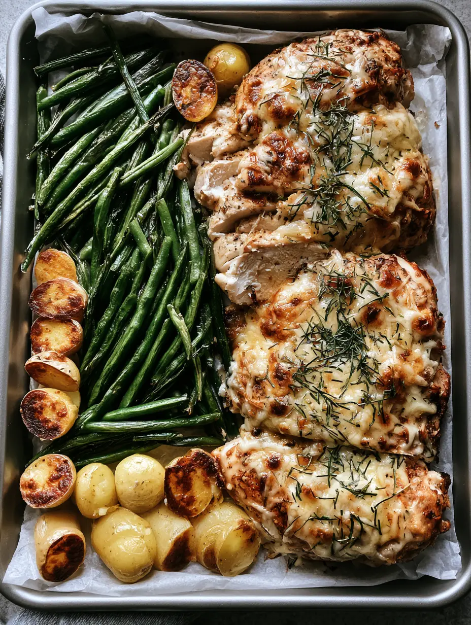 Parmesan Chicken Sheet Pan Dinner with Roasted Green Beans and Crispy Gold Potatoes 3 Close-up of a Parmesan Chicken Sheet Pan Dinner showing charred green beans and crispy yellow baby potatoes with melted parmesan chicken. (Parmesan Chicken Sheet Pan Dinner)