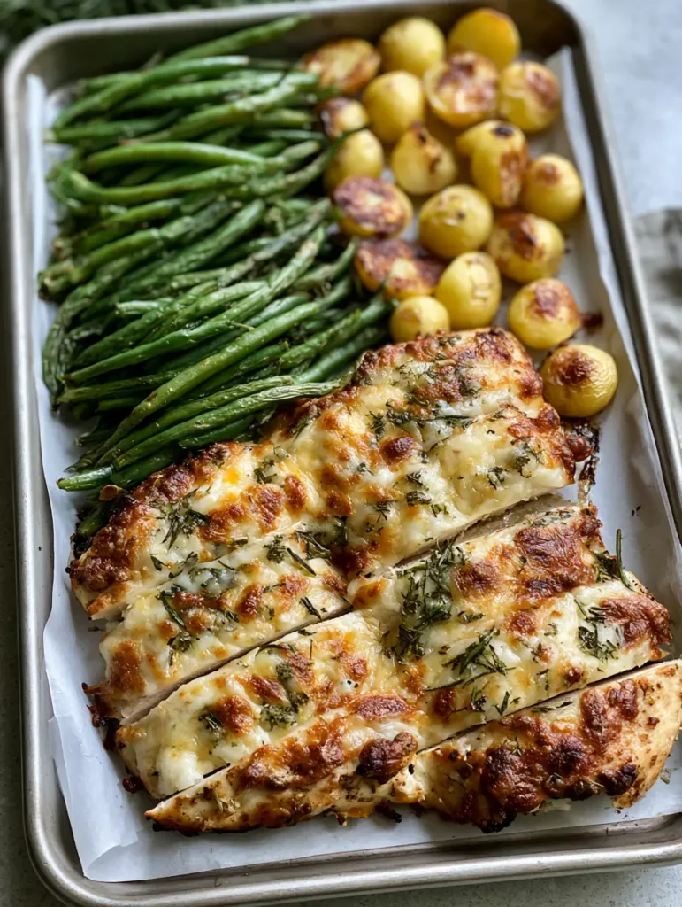 Parmesan Chicken Sheet Pan Dinner with Roasted Green Beans and Crispy Gold Potatoes 1 Overhead view of a metallic baking sheet with sliced roasted chicken, melted cheese, and charred vegetables.
