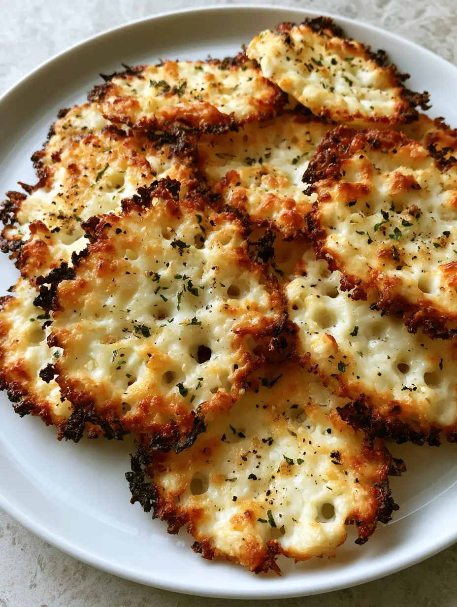 Crispy Cottage Cheese Chips: The High-Protein, Lacy Snack You Need 3 Close-up handheld photo of circular Crispy Cottage Cheese Chips with thin lacy holes and dark golden brittle edges.
