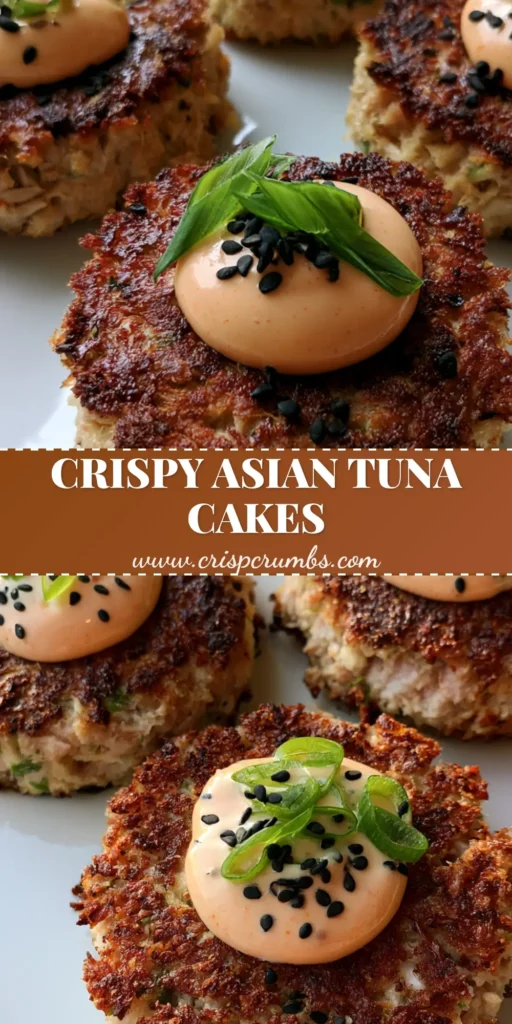Three thick circular Asian Tuna Cakes with a golden panko crust and sriracha mayo dollops on a white plate.