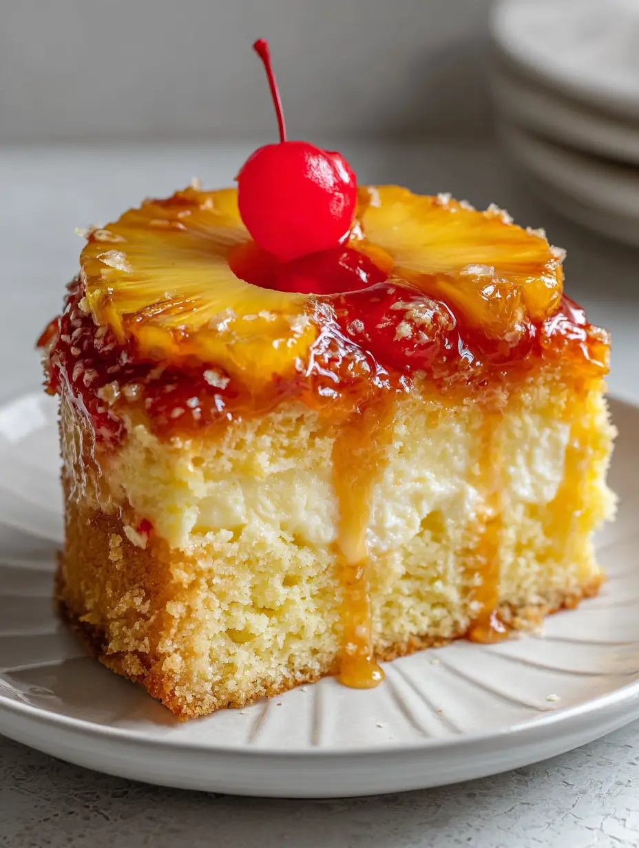 A handheld smartphone photo showing a close-up of a Pineapple Upside-Down Cheesecake slice with glistening amber glaze dripping down the sides.