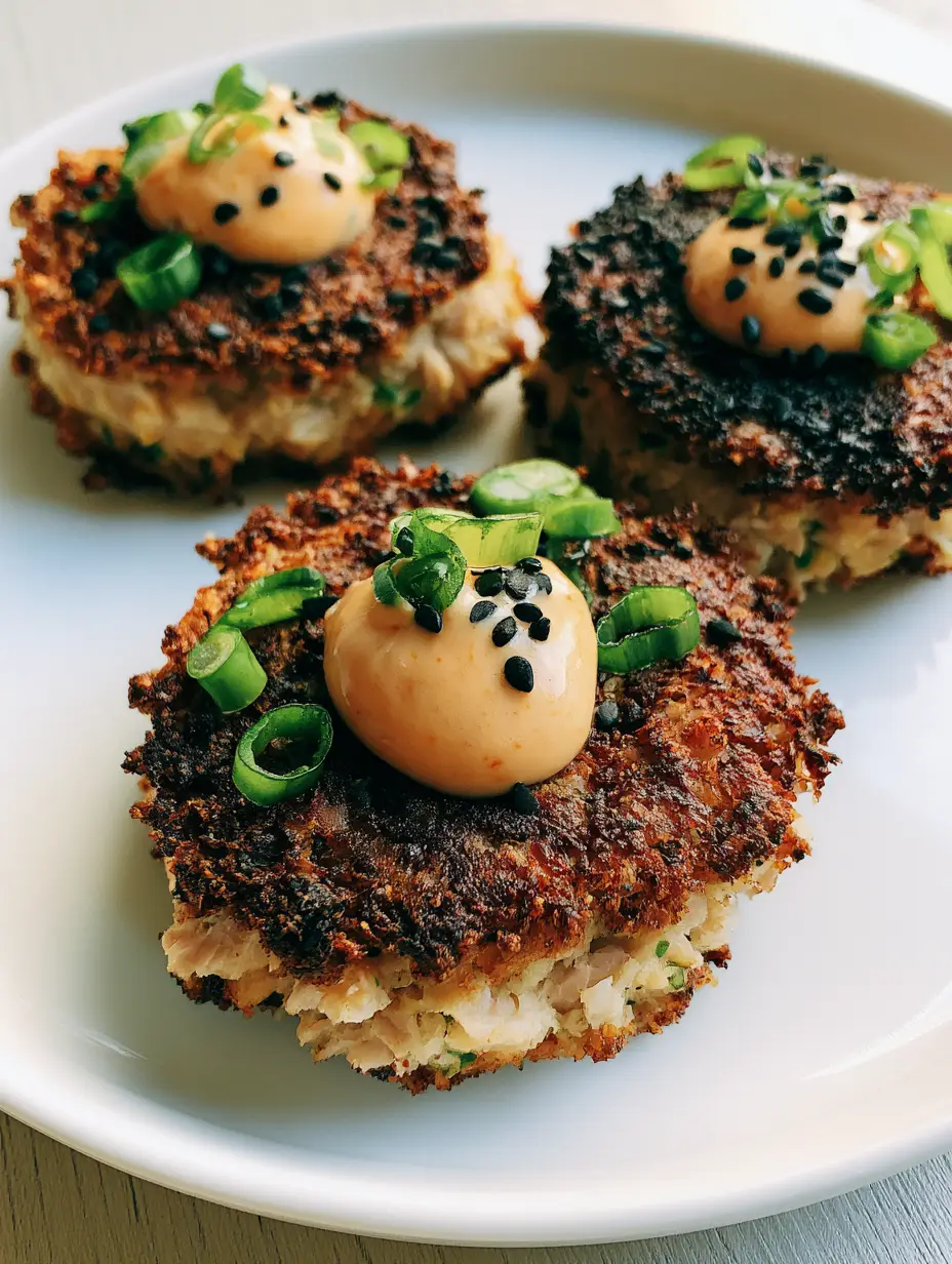 Top-down view of three Asian Tuna Cakes with visible green herb flecks and black sesame seeds.