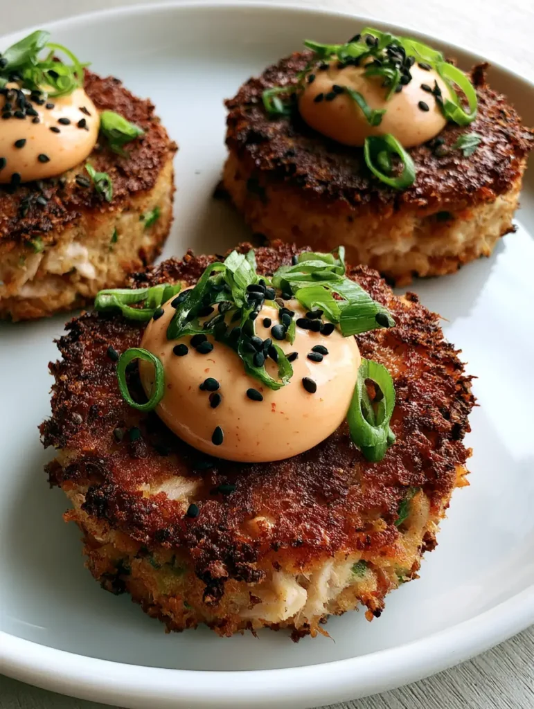 Close-up of the rustic textured crust of Asian Tuna Cakes with vibrant scallion garnishes.