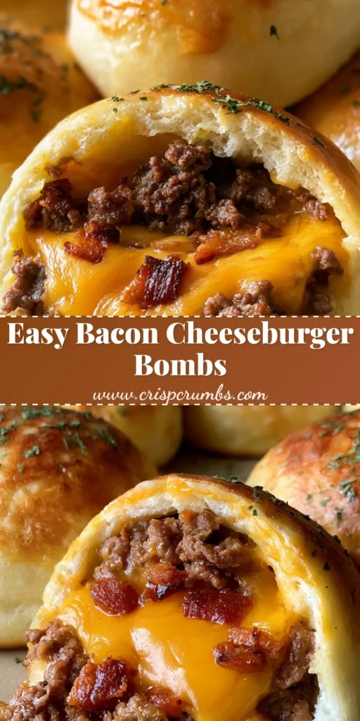 A stack of golden-brown bacon cheeseburger bombs on a plate, with one sliced open to show the melted cheddar and beef core.