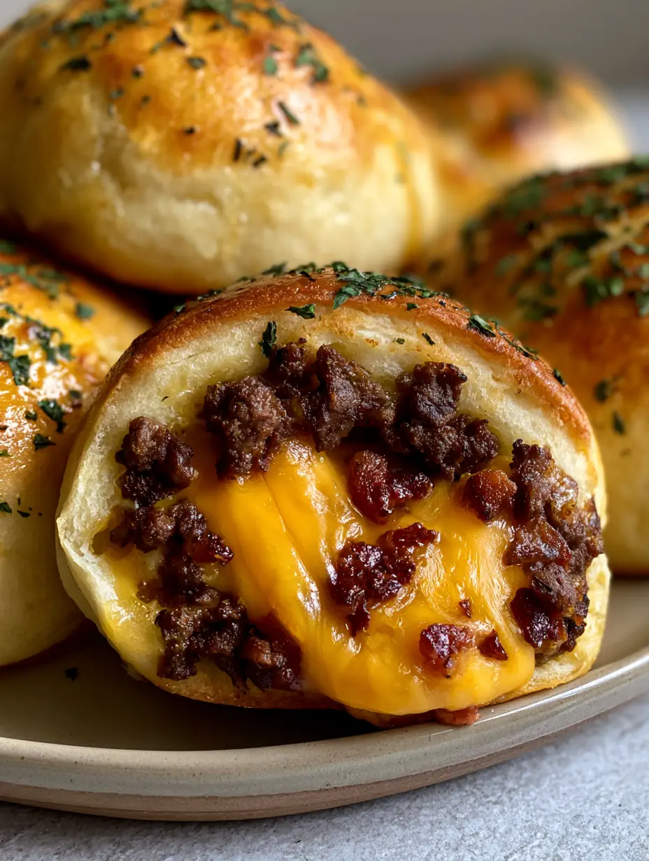A close-up view of golden-brown biscuit dough balls brushed with butter and parsley (bacon cheeseburger bombs).