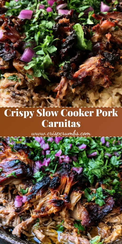 Slow Cooker Pork Carnitas with Crispy Seared Edges and Lime Glaze 4 Close-up of Slow Cooker Pork Carnitas in a cast iron skillet with crispy mahogany edges and fresh cilantro garnish.
