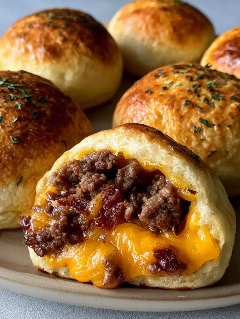 One bacon cheeseburger bomb sliced open to reveal steaming beef, melted orange cheddar, and crispy bacon bits.