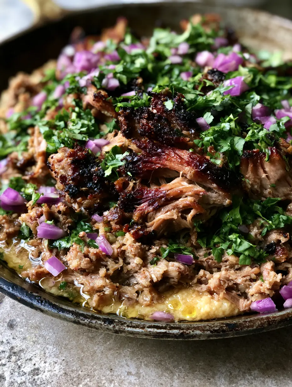 Slow Cooker Pork Carnitas with Crispy Seared Edges and Lime Glaze 3 Rustic overhead shot of shredded Slow Cooker Pork Carnitas showing the contrast between moist meat and charred bits.
