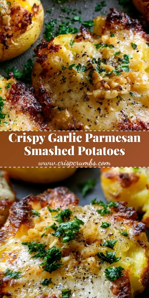 A close-up shot of Garlic Parmesan Smashed Potatoes with ultra-crispy charred edges and toasted parmesan cheese on a baking sheet.