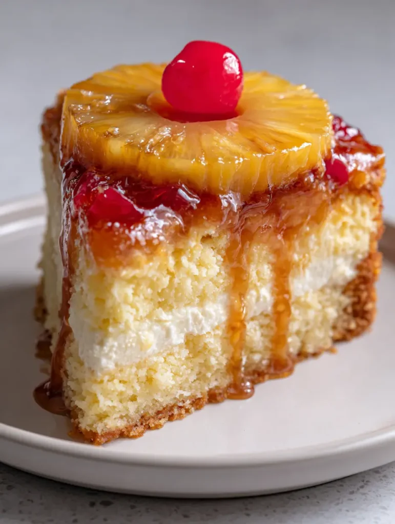 Side view of a Pineapple Upside-Down Cheesecake slice revealing the distinct layers of yellow cake and creamy white cheesecake.