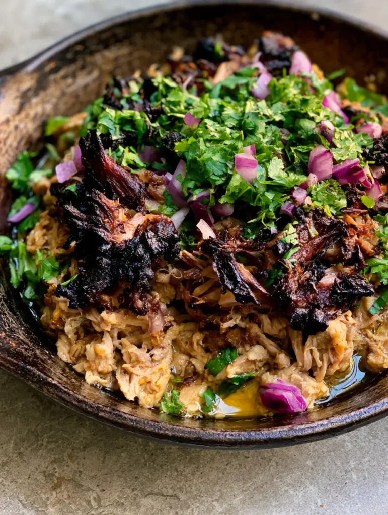 Slow Cooker Pork Carnitas with Crispy Seared Edges and Lime Glaze 1 Detailed view of Slow Cooker Pork Carnitas garnished with raw red onion and cilantro on a stone countertop.