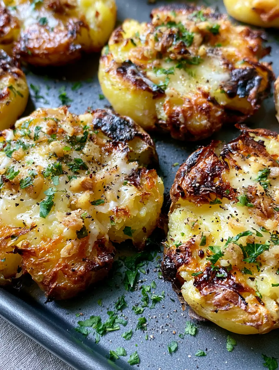 Top-down view of Garlic Parmesan Smashed Potatoes showing the toasted parmesan crust and green parsley flakes.
