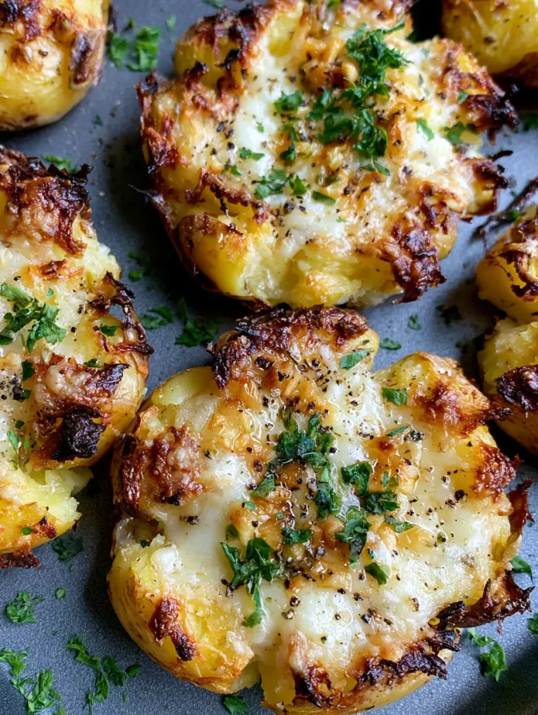 Close-up of crispy smashed potatoes with visible roasted garlic bits and cracked black pepper.