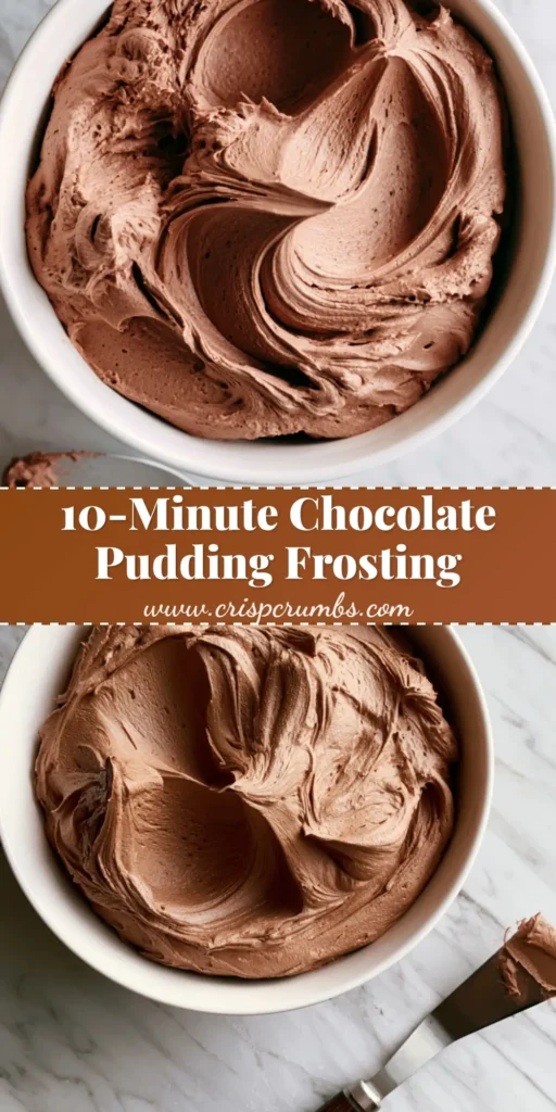 A top-down shot of Chocolate Pudding Frosting in a white bowl with thick aerated swirls and a metal spatula on marble.