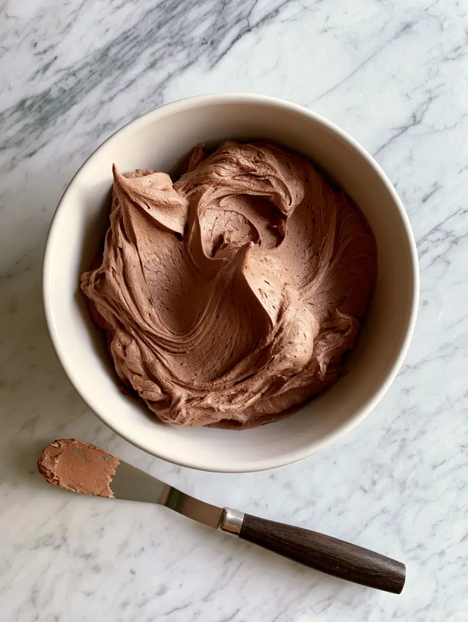 Close-up of mousse-like Chocolate Pudding Frosting showing soft peaks and aerated texture in a white bowl.