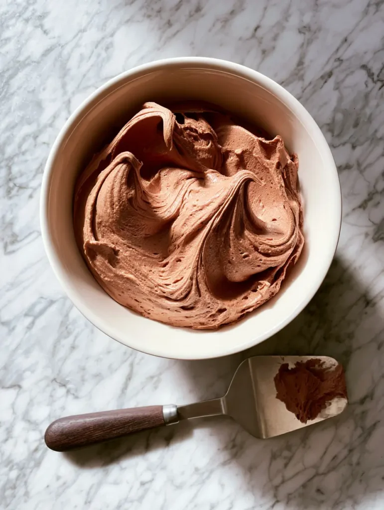 Overhead view of Chocolate Pudding Frosting on a marble surface with a smudge of frosting on an offset spatula.