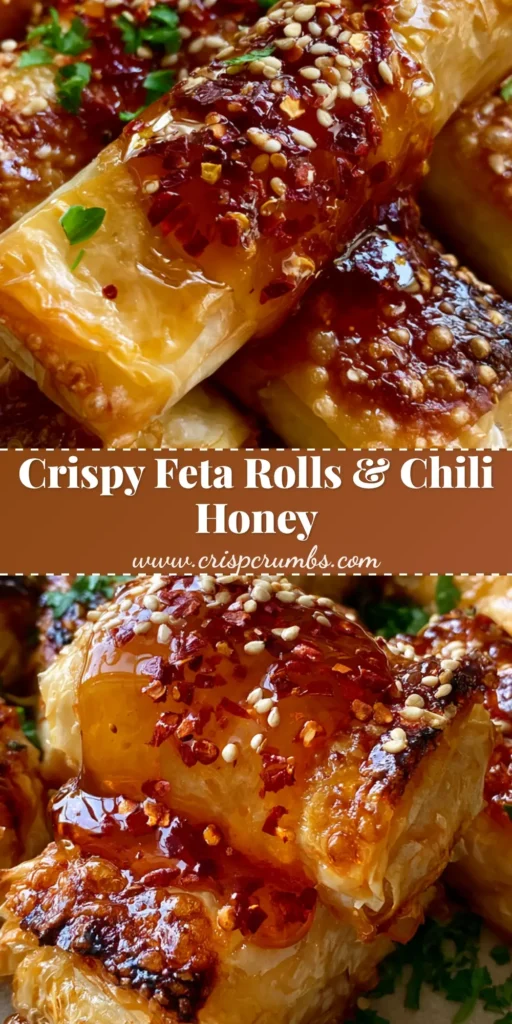 A stack of golden-brown Feta Rolls drizzled with amber chili honey and garnished with parsley. (Feta Rolls)