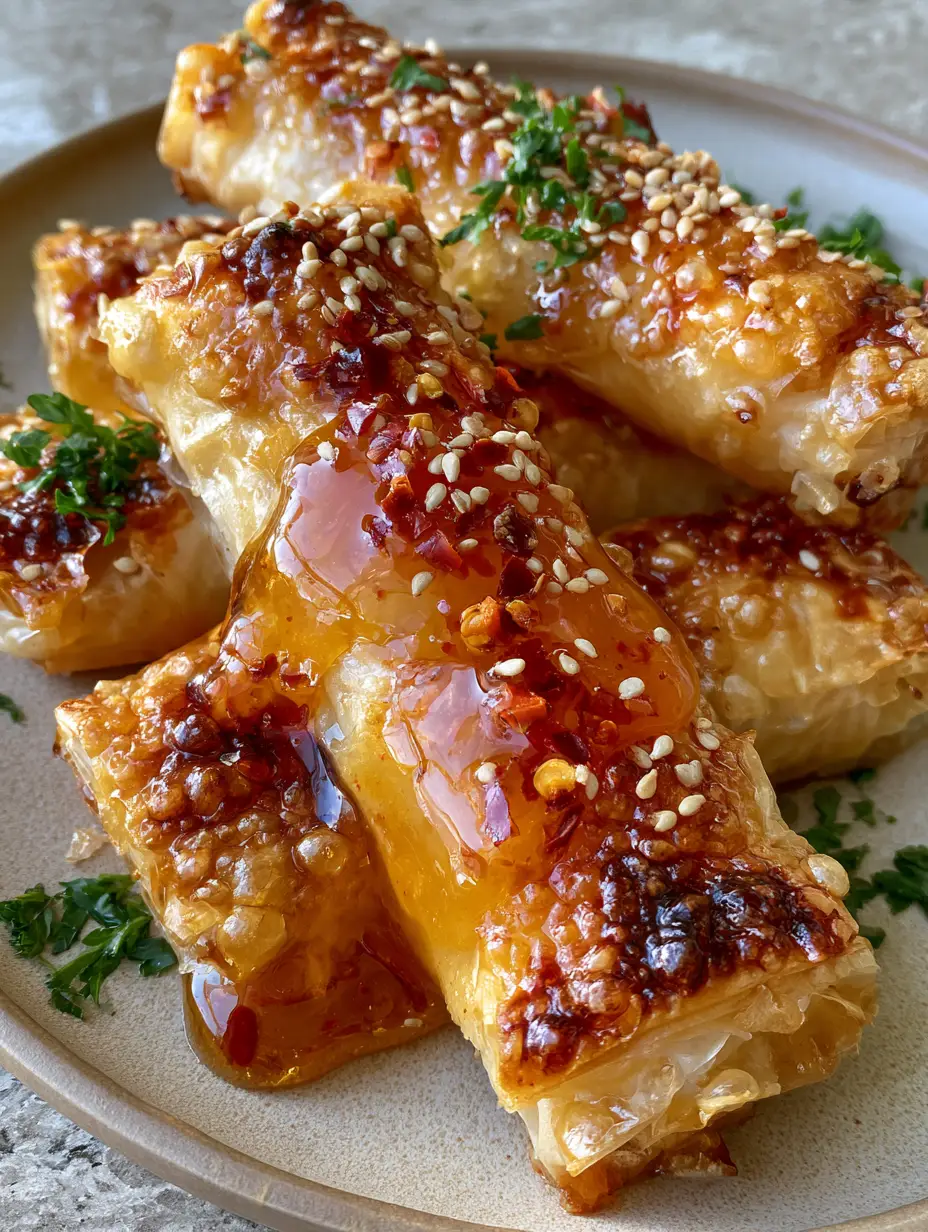Macro shot of golden-brown crispy phyllo pastry rolls with charred bubbly edges. (Feta Rolls)