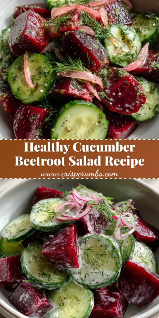 A vibrant Cucumber Beetroot Salad in a white ceramic bowl featuring roasted beet cubes and thinly sliced cucumber rounds. (Cucumber Beetroot Salad)