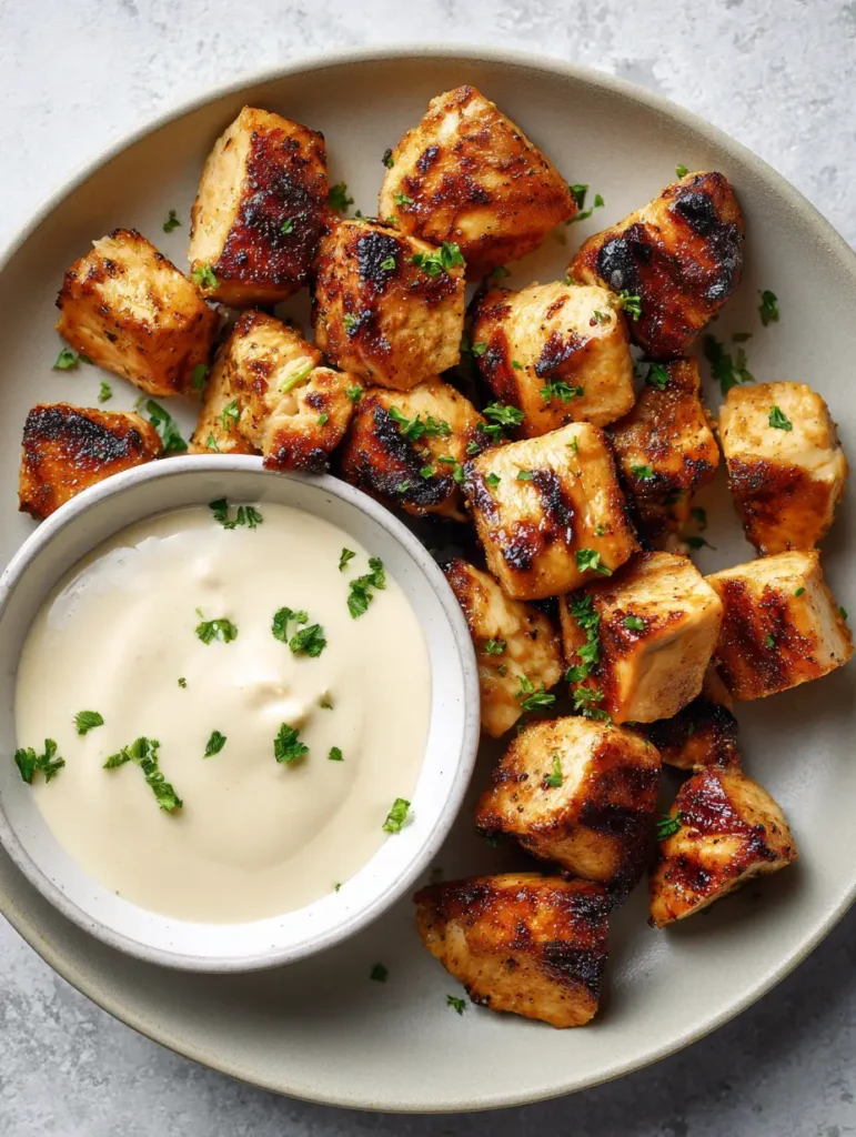 A handheld smartphone photo of Grilled Chicken Bites on a neutral ceramic plate with a bowl of garlic sauce.