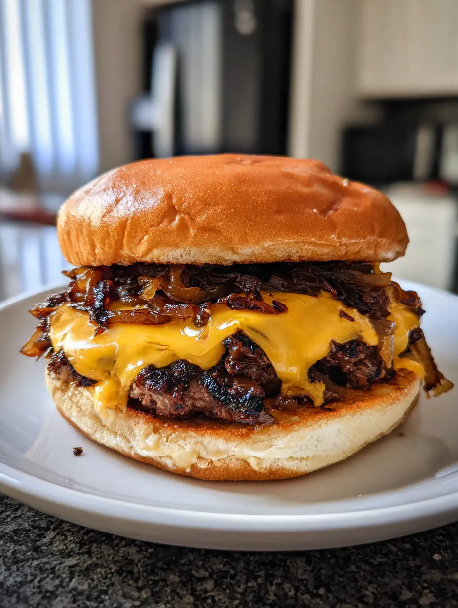Oklahoma Onion Smash Burger: The Secret to Crispy Lacy Edges 3 A handheld shot of an authentic Oklahoma Onion Smash Burger with a glossy brioche bun and deeply browned onions.